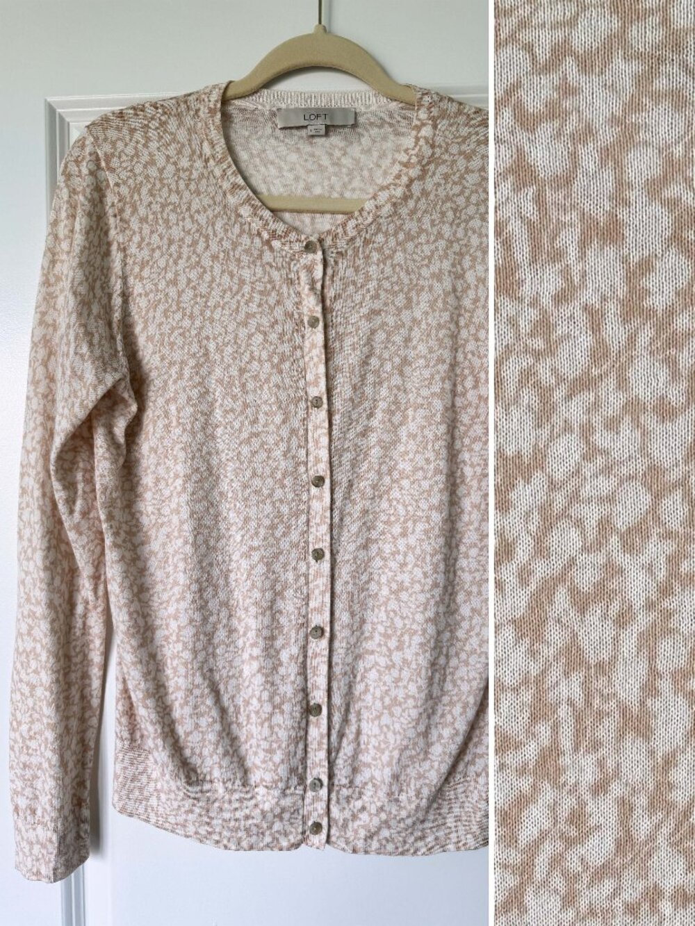 LOFT Cream and Tan Floral-Pattern Button Cardigan Prairie Cottage Feminine